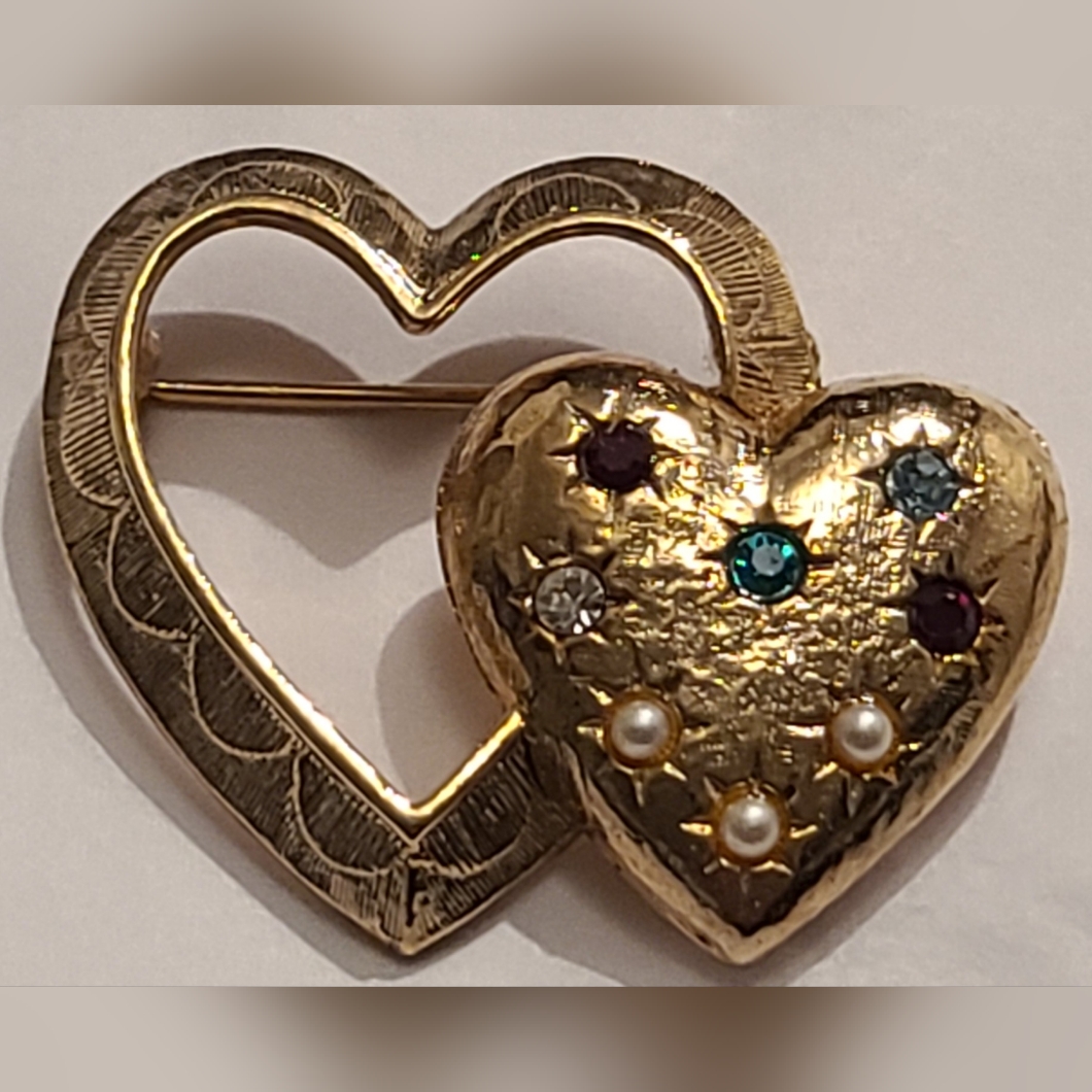 Vintage Signed Emmons Mother Of Pearl Crystals Double Hearts Shape Pin Brooch